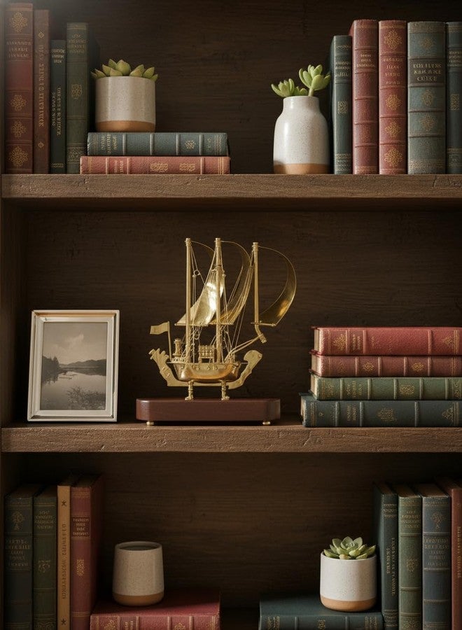 umsang Luxury Pure Brass Sailing Ship Showpiece with High-Polish Gold Finish for Executive Office Desk Decor | Elegant Metal Nautical Sculpture on Wooden Base | Vintage Home Gift Item - Image 1